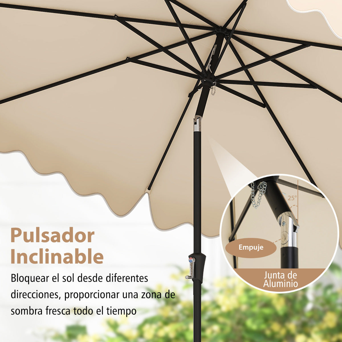 Sombrilla de Patio de 280 cm con Manivela Inclinación Bordes Rizados Dosel 8 Varillas Sombrilla de Mercado 2 Capas para Patio Jardín Beige