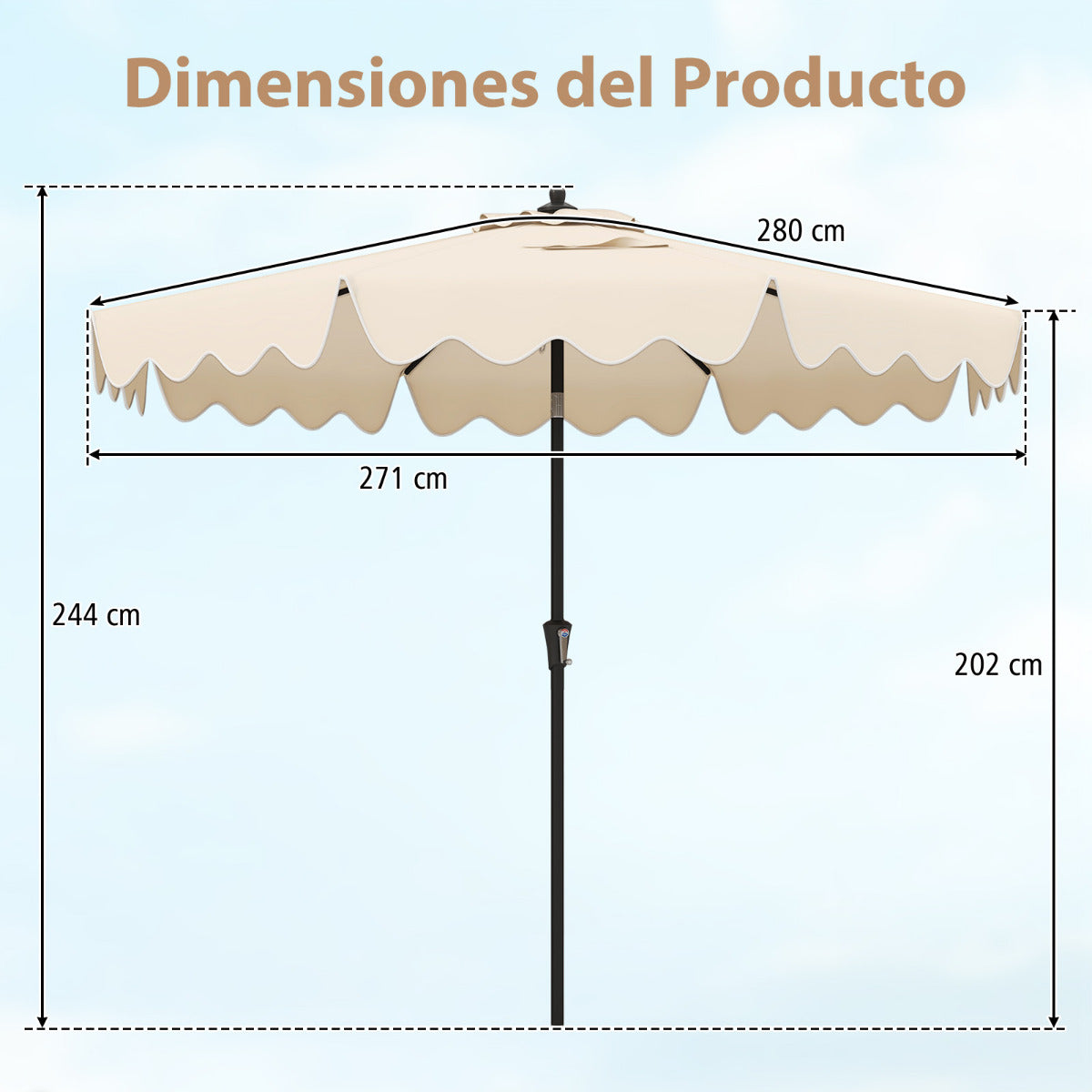 Sombrilla de Patio de 280 cm con Manivela Inclinación Bordes Rizados Dosel 8 Varillas Sombrilla de Mercado 2 Capas para Patio Jardín Beige