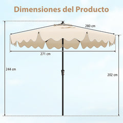 Sombrilla de Patio de 280 cm con Manivela Inclinación Bordes Rizados Dosel 8 Varillas Sombrilla de Mercado 2 Capas para Patio Jardín Beige