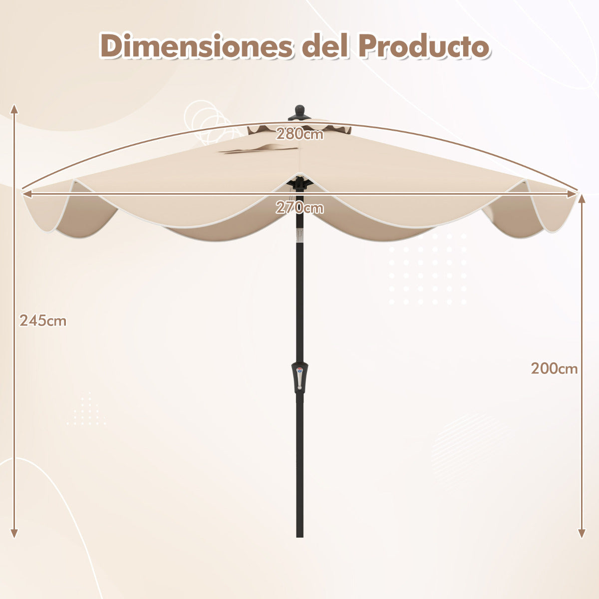 Sombrilla de Patio de 280 cm con Manivela Inclinación Bordes Rizados Sombrilla de Mercado de 2 Capas con Dosel para Patio Jardín Beige