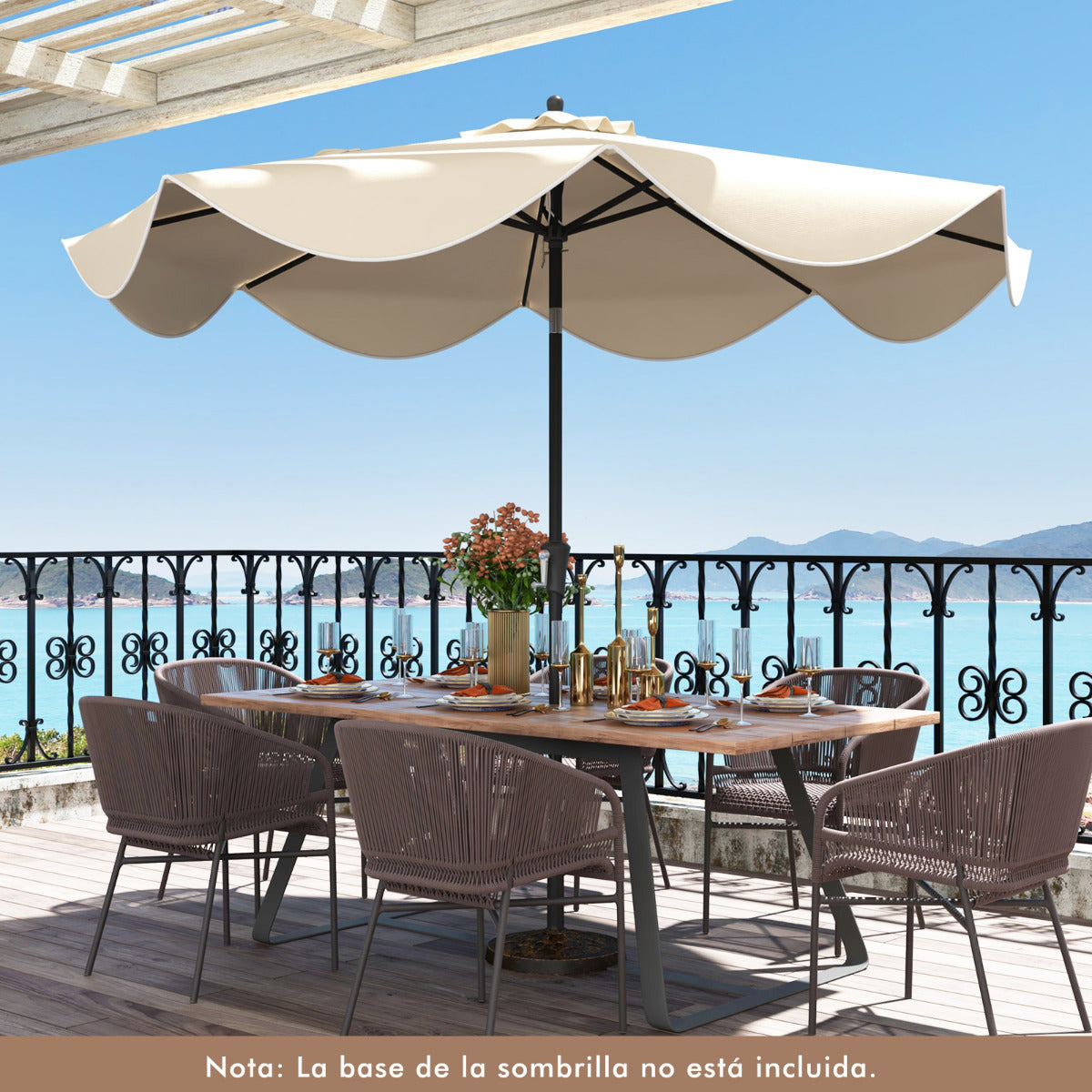 Sombrilla de Patio de 280 cm con Manivela Inclinación Bordes Rizados Sombrilla de Mercado de 2 Capas con Dosel para Patio Jardín Beige