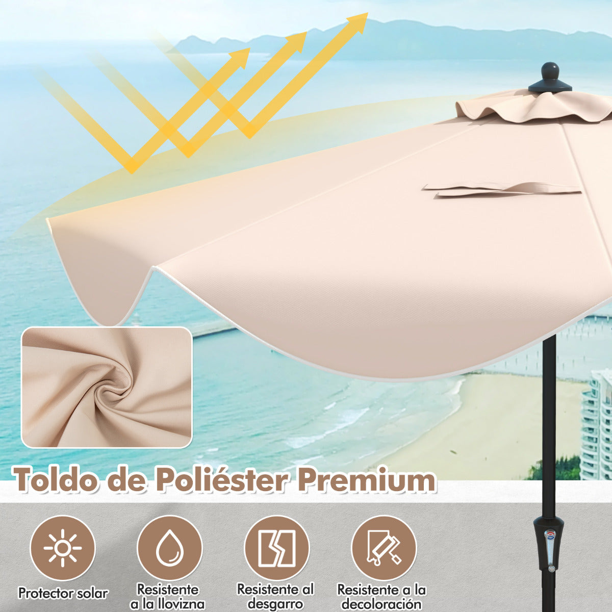 Sombrilla de Patio de 280 cm con Manivela Inclinación Bordes Rizados Sombrilla de Mercado de 2 Capas con Dosel para Patio Jardín Beige