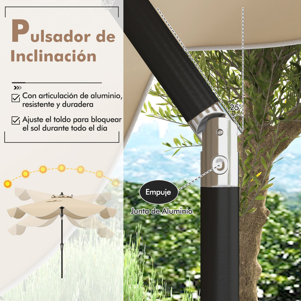 Sombrilla de Patio de 280 cm con Manivela Inclinación Bordes Rizados Sombrilla de Mercado de 2 Capas con Dosel para Patio Jardín Beige