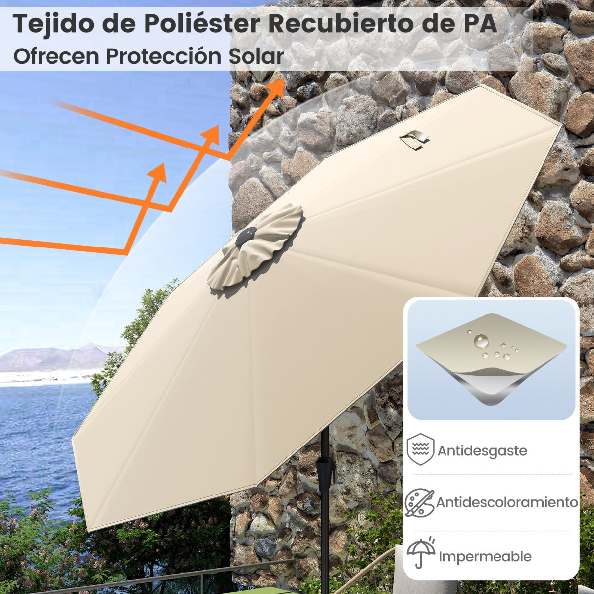 Sombrilla de Patio de 270 cm con 8 Varillas Robustas Toldo Ventilado Resistente con Inclinación de Botón-Beige