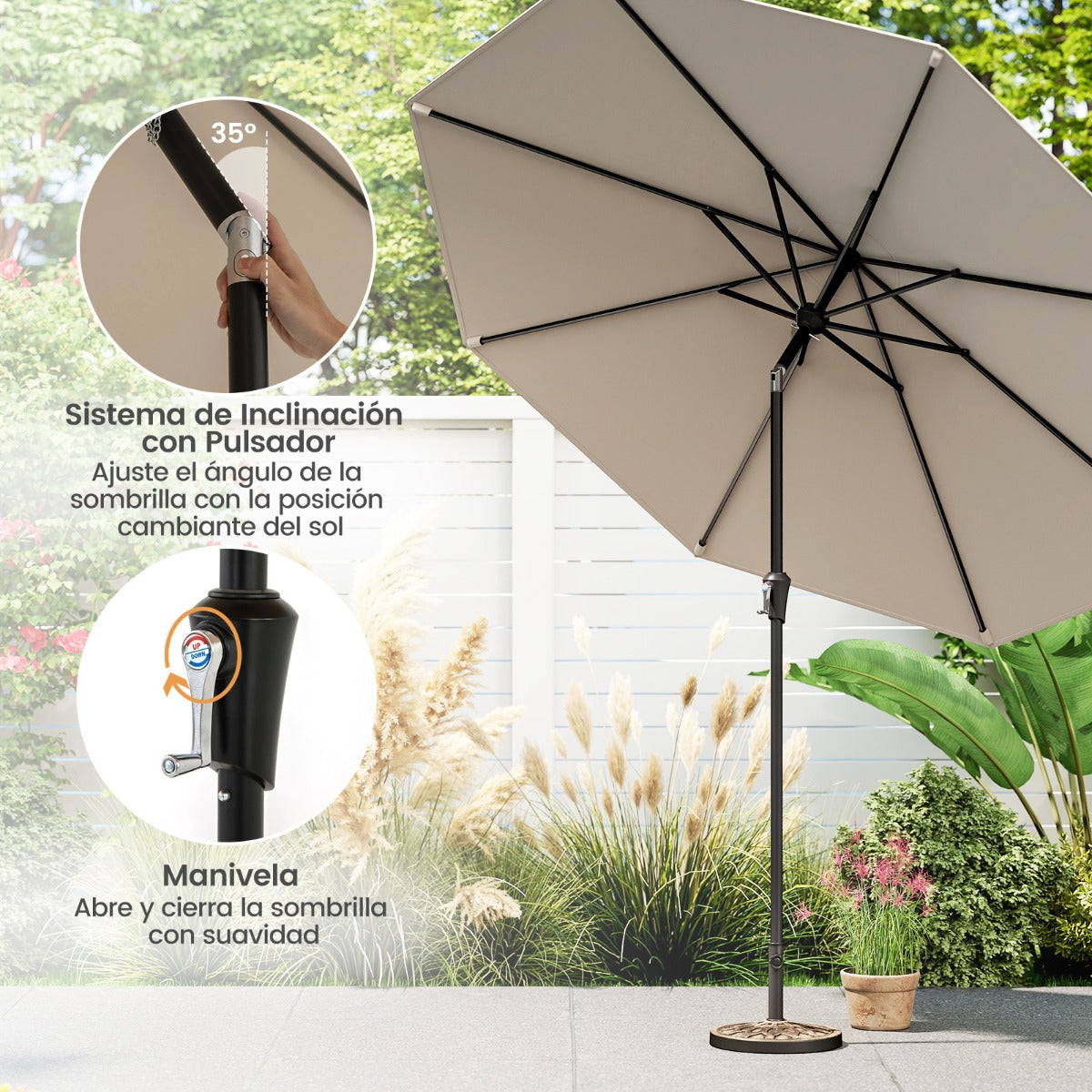Sombrilla de Patio de 270 cm con 8 Varillas Robustas Toldo Ventilado Resistente con Inclinación de Botón-Beige