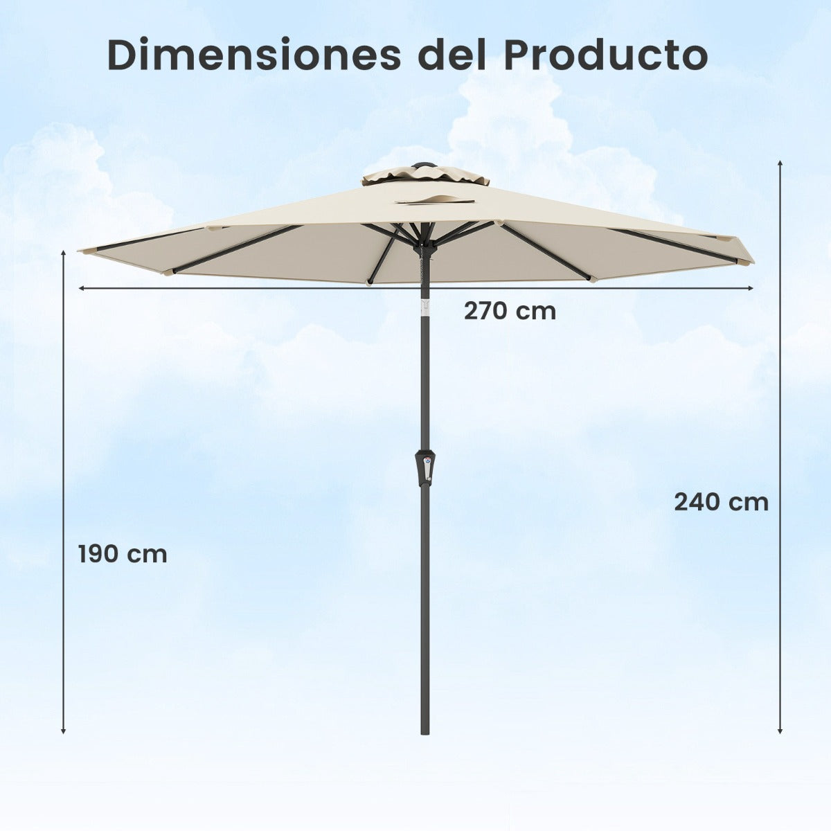 Sombrilla de Patio de 270 cm con 8 Varillas Robustas Toldo Ventilado Resistente con Inclinación de Botón-Beige