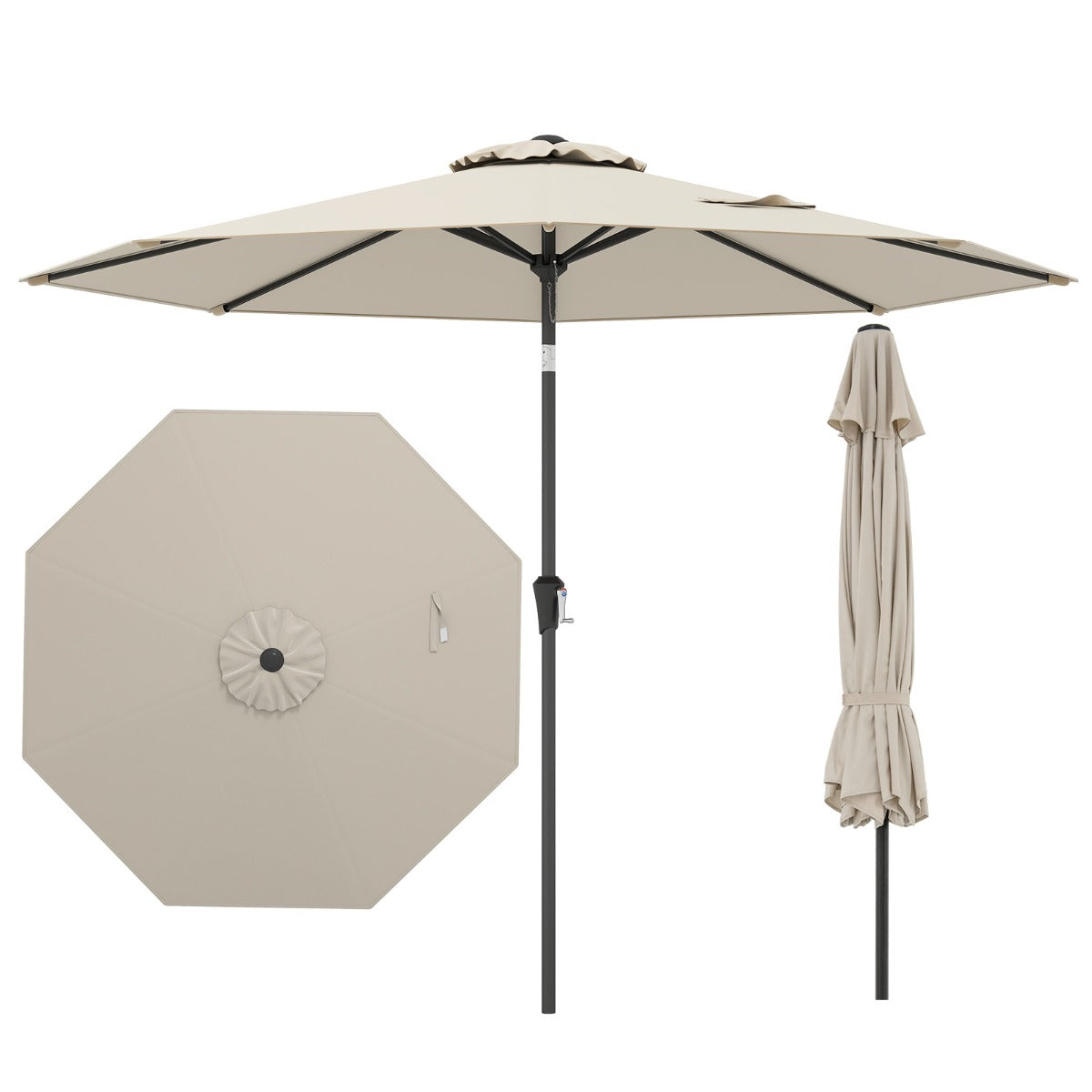 Sombrilla de Patio de 270 cm con 8 Varillas Robustas Toldo Ventilado Resistente con Inclinación de Botón-Beige