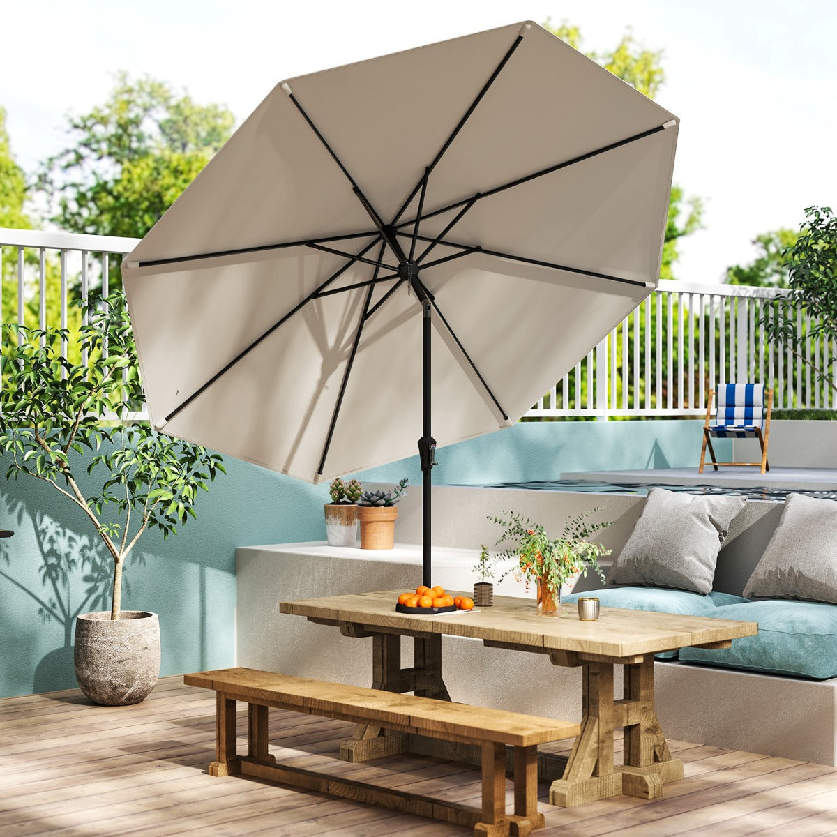 Sombrilla de Patio de 270 cm con 8 Varillas Robustas Toldo Ventilado Resistente con Inclinación de Botón-Beige