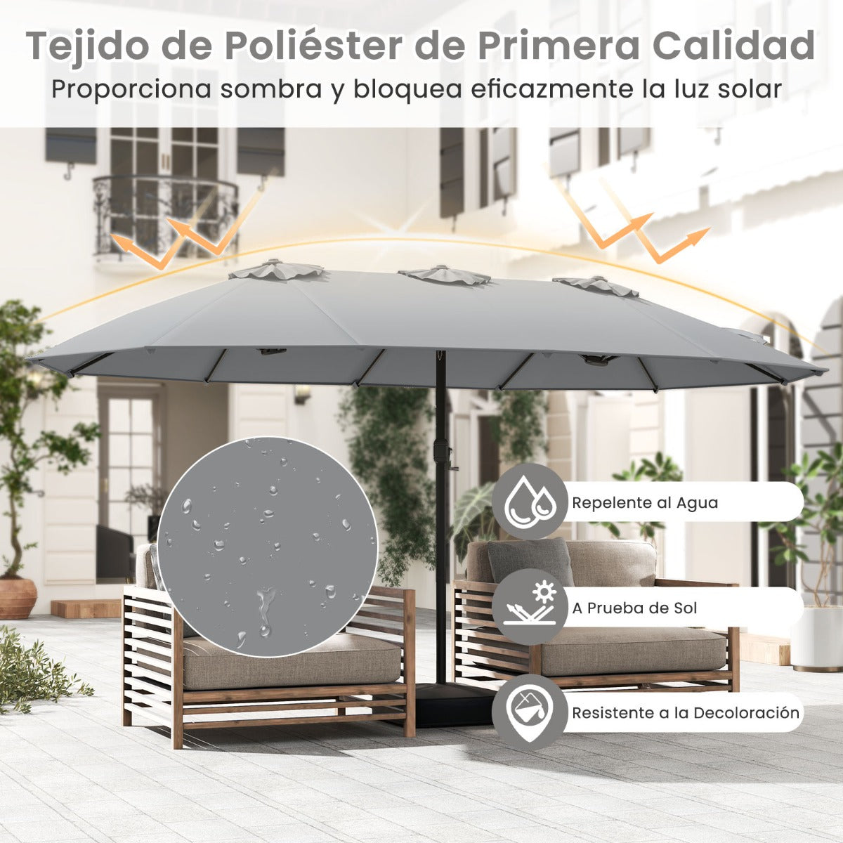 Sombrilla de Patio de Doble Cara con 12 Varillas Metálicas y Base Estable 2 Bolsas para Arena Parte Superior Ventilada-Gris