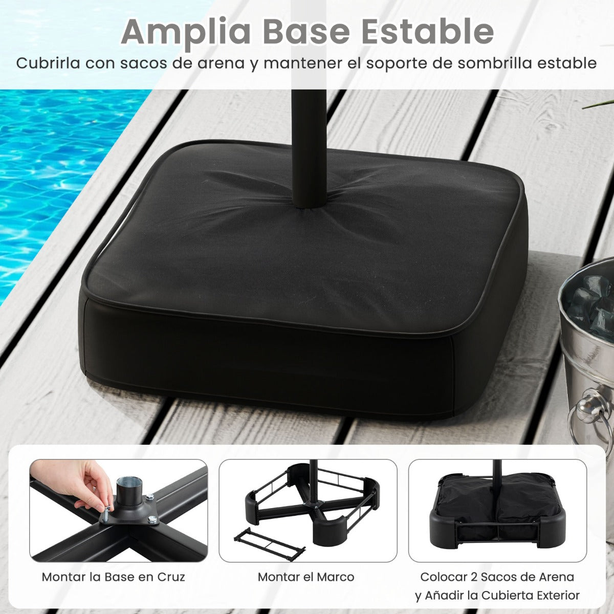 Sombrilla de Patio de Doble Cara con 12 Varillas Metálicas y Base Estable 2 Bolsas para Arena Parte Superior Ventilada-Gris