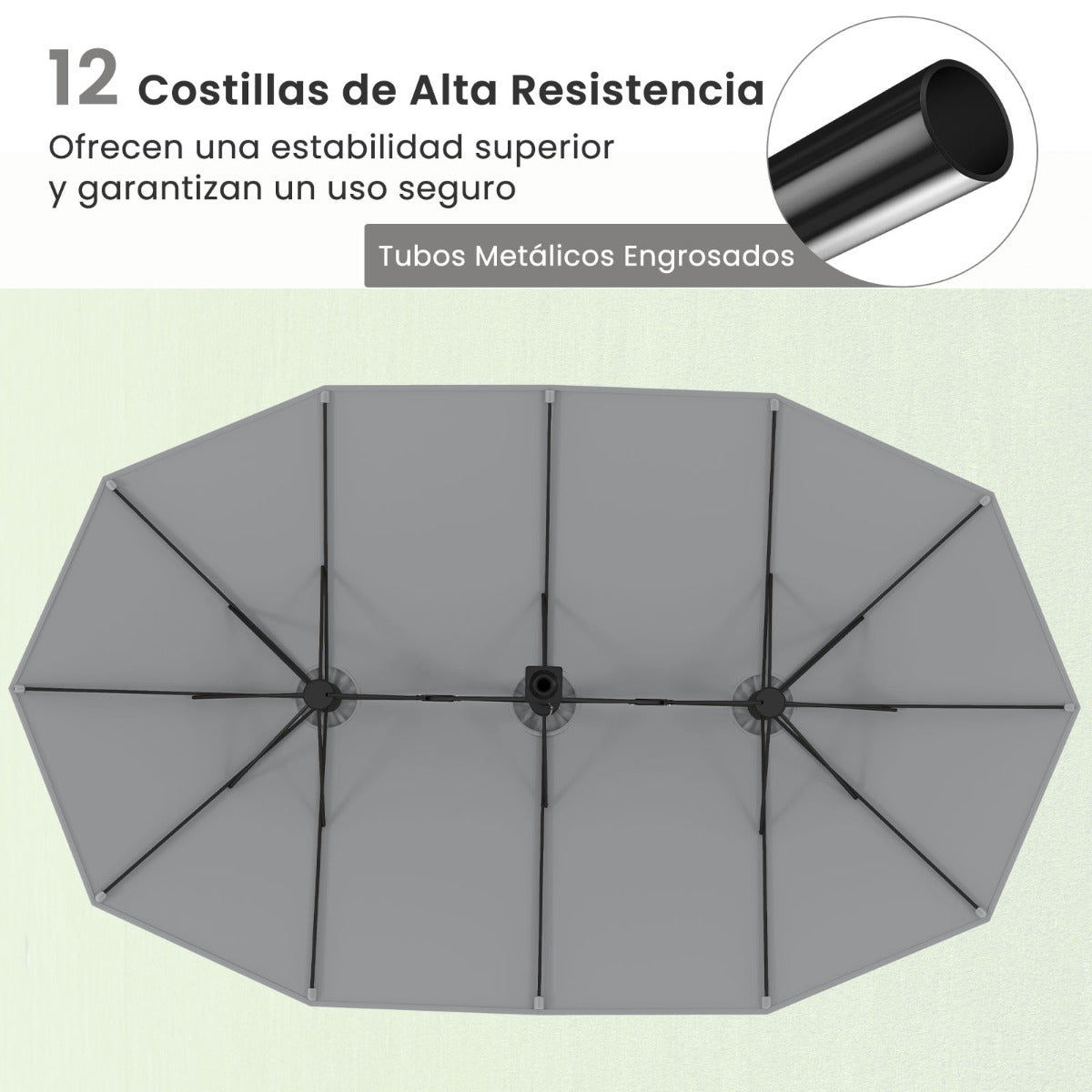 Sombrilla de Patio de Doble Cara con 12 Varillas Metálicas y Base Estable 2 Bolsas para Arena Parte Superior Ventilada-Gris