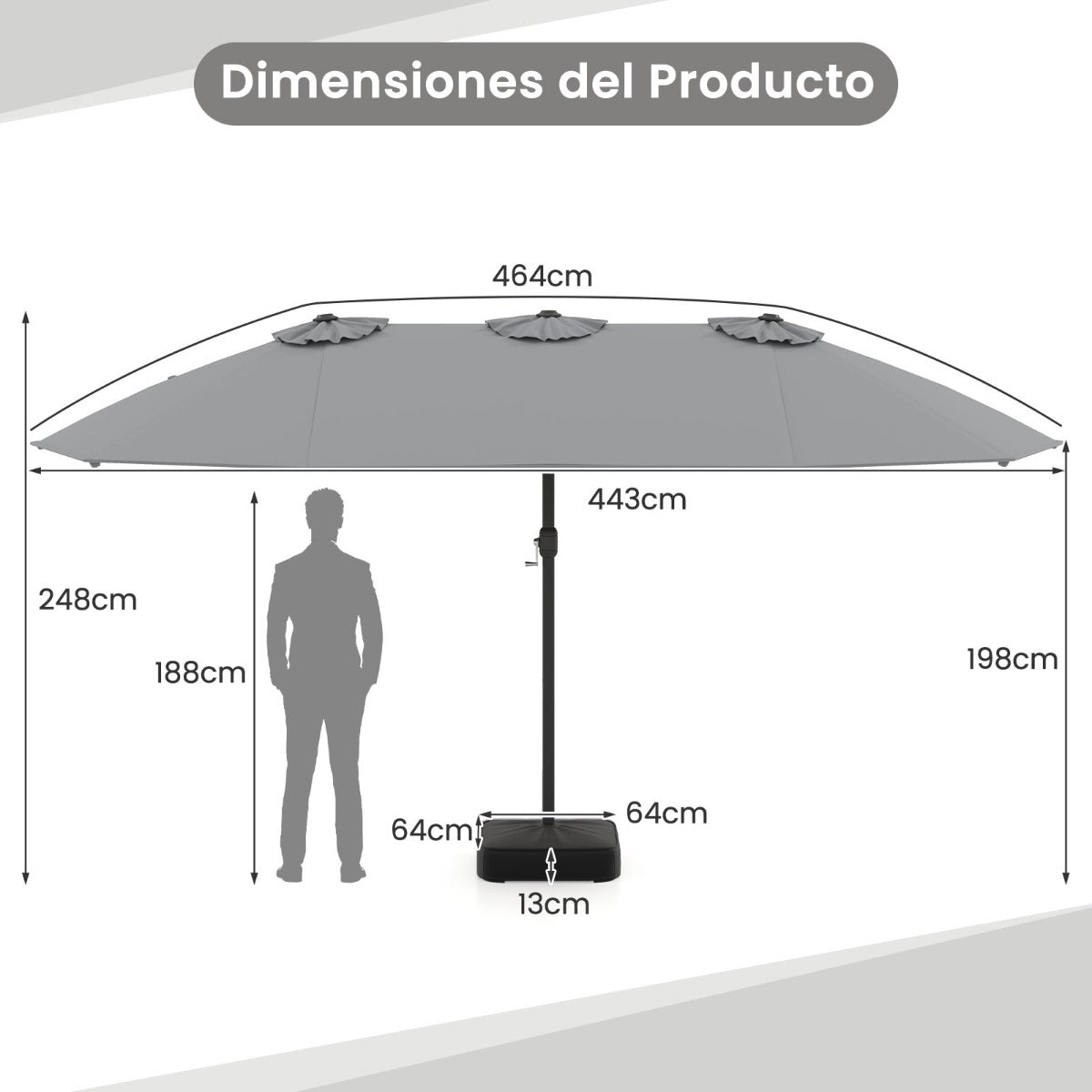 Sombrilla de Patio de Doble Cara con 12 Varillas Metálicas y Base Estable 2 Bolsas para Arena Parte Superior Ventilada-Gris