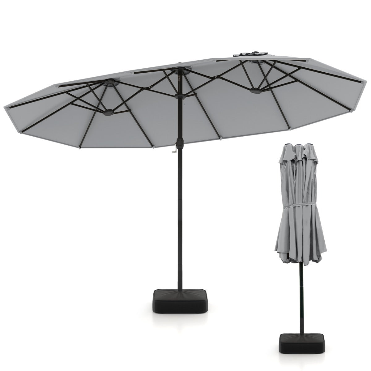 Sombrilla de Patio de Doble Cara con 12 Varillas Metálicas y Base Estable 2 Bolsas para Arena Parte Superior Ventilada-Gris