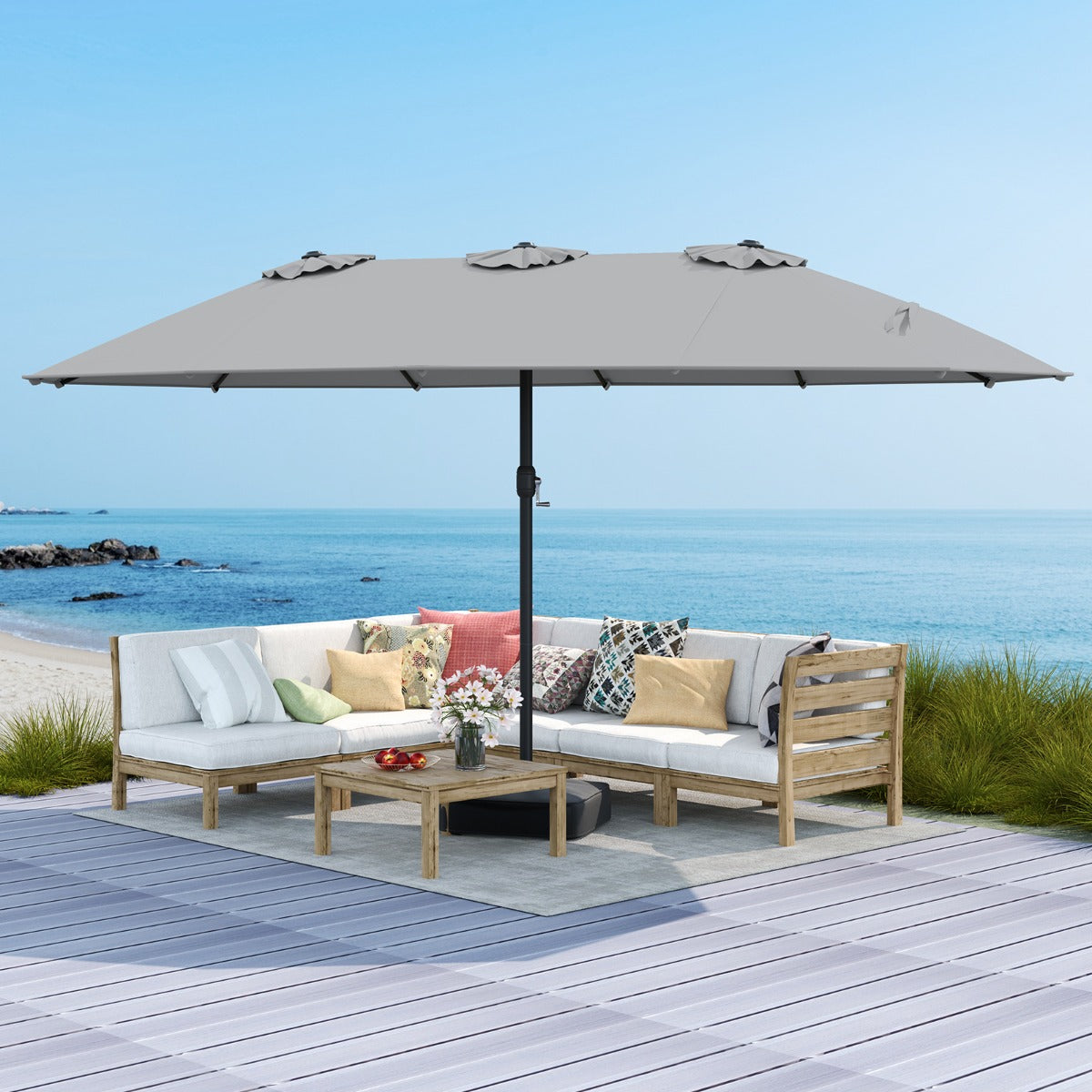 Sombrilla de Patio de Doble Cara con 12 Varillas Metálicas y Base Estable 2 Bolsas para Arena Parte Superior Ventilada-Gris