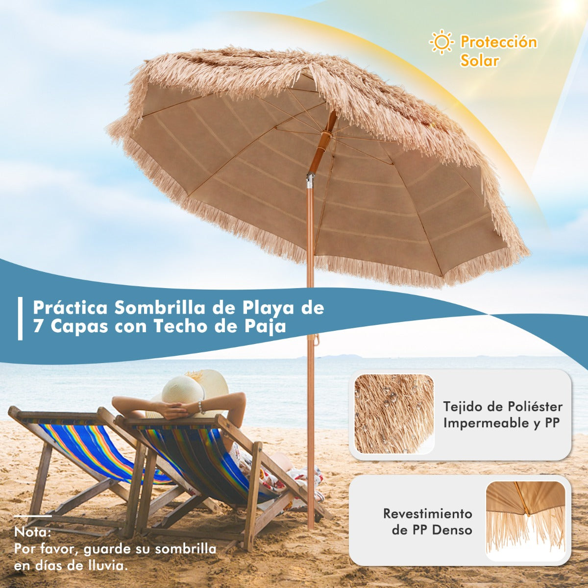 Sombrilla de Patio Tiki con Techo de Paja de 208 cm Diseño Inclinable 8 Varillas Protección Solar para Exteriores Liviana Playa Piscina