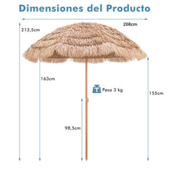 Sombrilla de Patio Tiki con Techo de Paja de 208 cm Diseño Inclinable 8 Varillas Protección Solar para Exteriores Liviana Playa Piscina