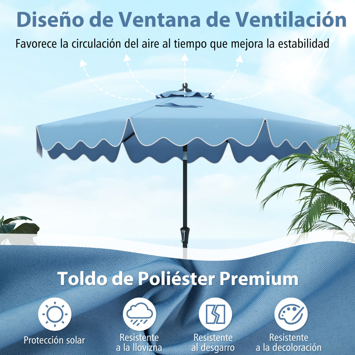 Sombrilla de Patio de 280 cm con Manivela Inclinación Bordes Rizados Dosel 8 Varillas Sombrilla de Mercado 2 Capas para Patio Jardín Azul