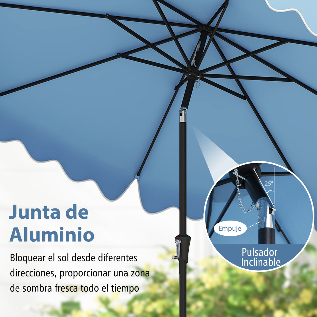 Sombrilla de Patio de 280 cm con Manivela Inclinación Bordes Rizados Dosel 8 Varillas Sombrilla de Mercado 2 Capas para Patio Jardín Azul