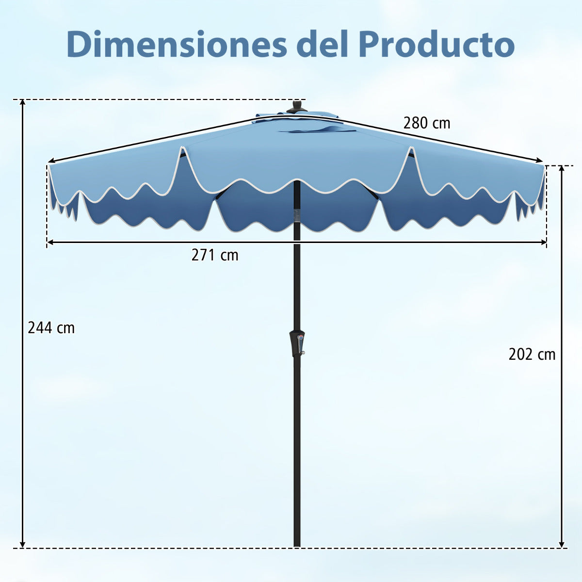 Sombrilla de Patio de 280 cm con Manivela Inclinación Bordes Rizados Dosel 8 Varillas Sombrilla de Mercado 2 Capas para Patio Jardín Azul
