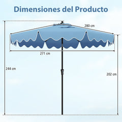 Sombrilla de Patio de 280 cm con Manivela Inclinación Bordes Rizados Dosel 8 Varillas Sombrilla de Mercado 2 Capas para Patio Jardín Azul