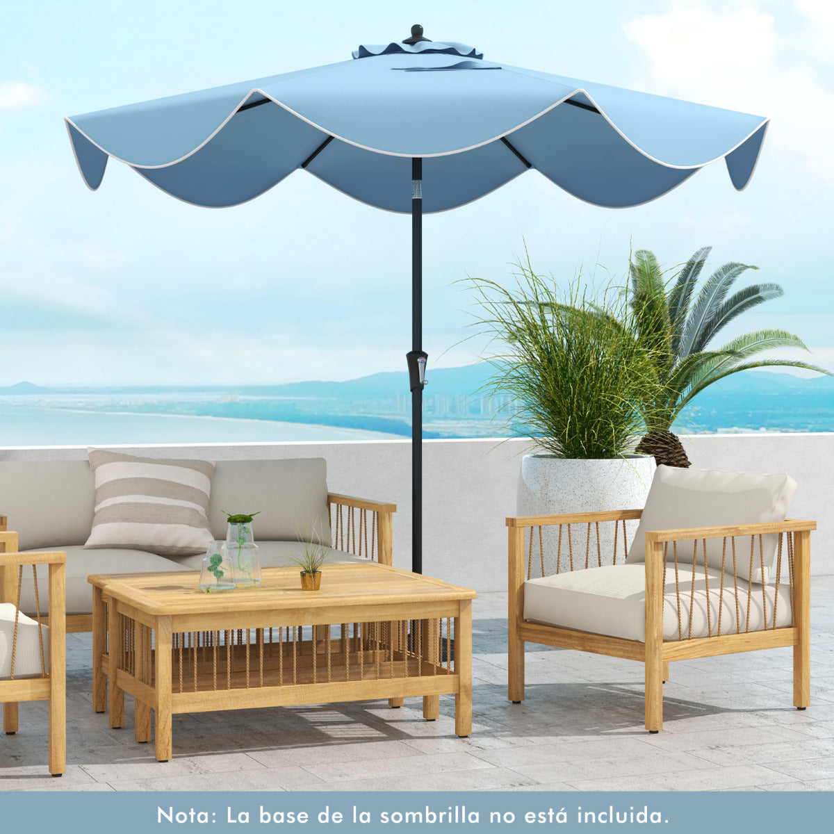 Sombrilla de Patio de 280 cm con Manivela Inclinación Bordes Rizados Sombrilla de Mercado de 2 Capas con Dosel para Patio Jardín Azul
