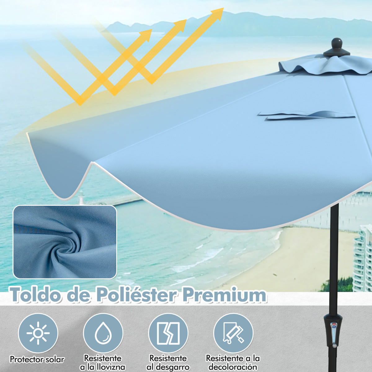 Sombrilla de Patio de 280 cm con Manivela Inclinación Bordes Rizados Sombrilla de Mercado de 2 Capas con Dosel para Patio Jardín Azul