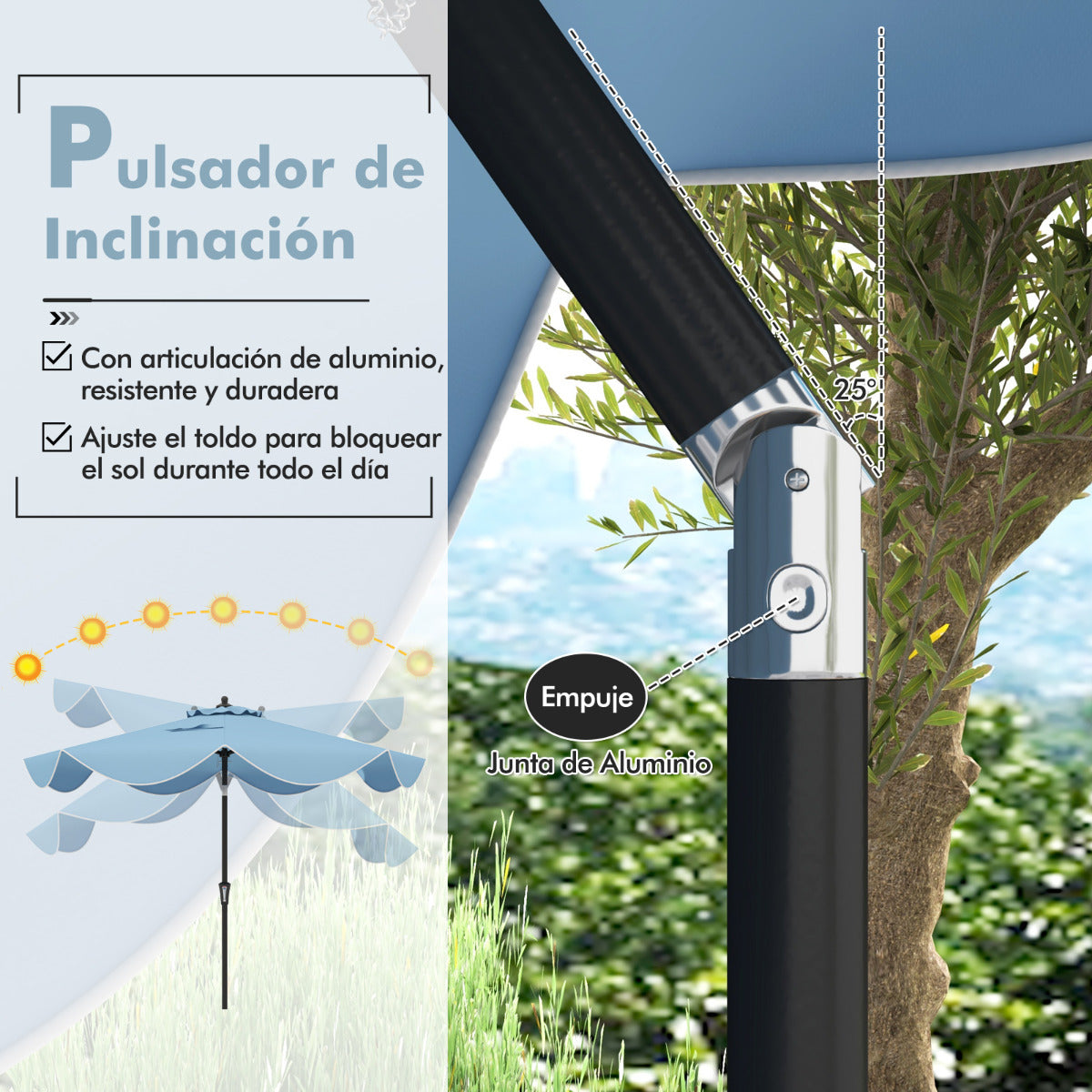 Sombrilla de Patio de 280 cm con Manivela Inclinación Bordes Rizados Sombrilla de Mercado de 2 Capas con Dosel para Patio Jardín Azul