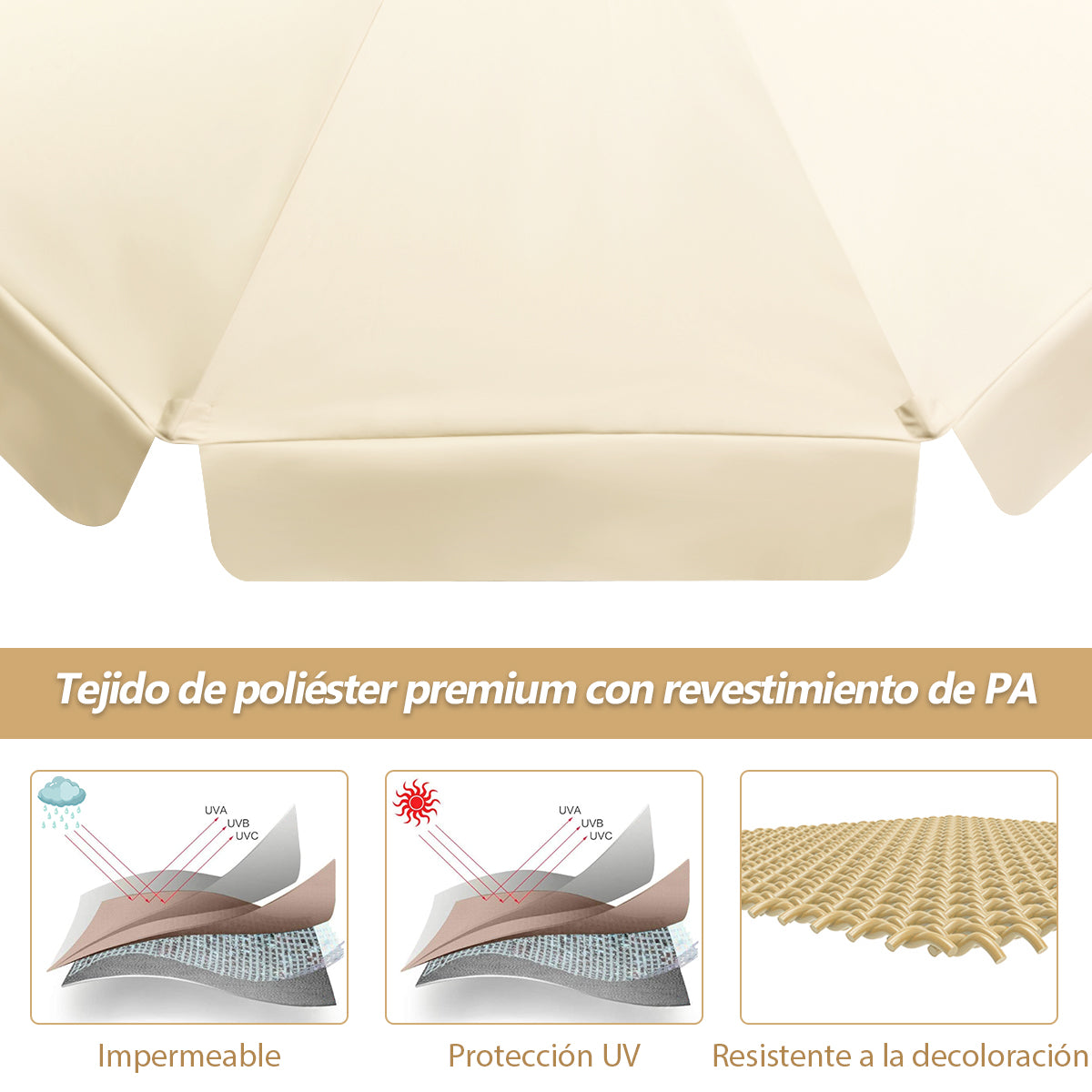 Sombrilla de 3 m de Madera Parasol con Altura y Ángulo Ajustables Elevación de Polea de Cuerda para Playa Jardín Piscina Terraza Beige