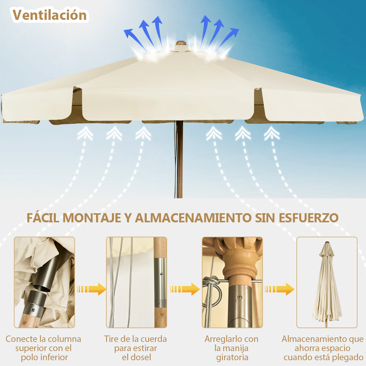 Sombrilla de 3 m de Madera Parasol con Altura y Ángulo Ajustables Elevación de Polea de Cuerda para Playa Jardín Piscina Terraza Beige