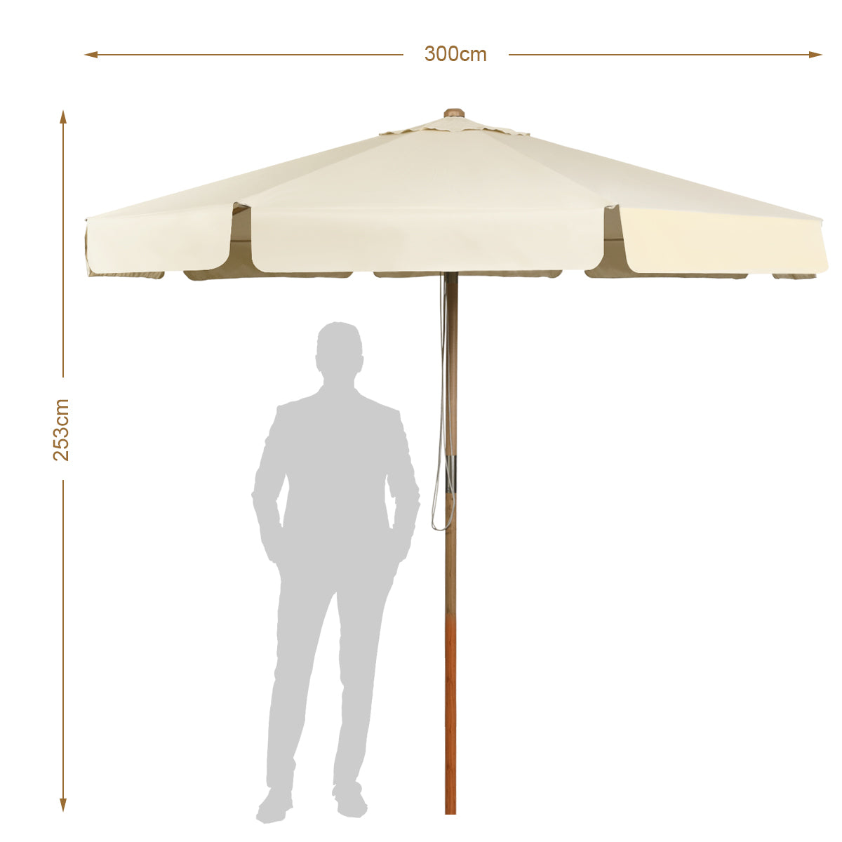 Sombrilla de 3 m de Madera Parasol con Altura y Ángulo Ajustables Elevación de Polea de Cuerda para Playa Jardín Piscina Terraza Beige