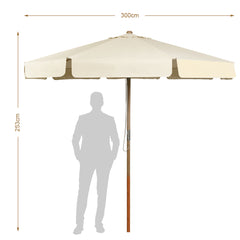 Sombrilla de 3 m de Madera Parasol con Altura y Ángulo Ajustables Elevación de Polea de Cuerda para Playa Jardín Piscina Terraza Beige