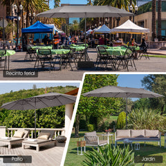 Sombrilla de Playa Doble Cara 4,7 x 2,8 m Gran Parasol con Manivela sin Base Estructura de 12 Costillas para Jardín Piscina Patio Gris Oscuro