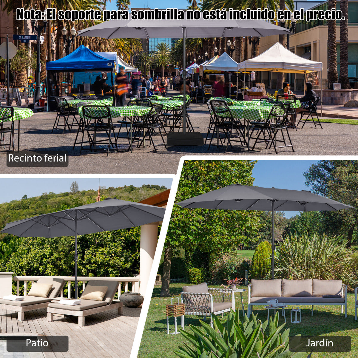 Sombrilla de Playa Doble Cara 4,7 x 2,8 m Gran Parasol con Manivela sin Base Estructura de 12 Costillas para Jardín Piscina Patio Gris