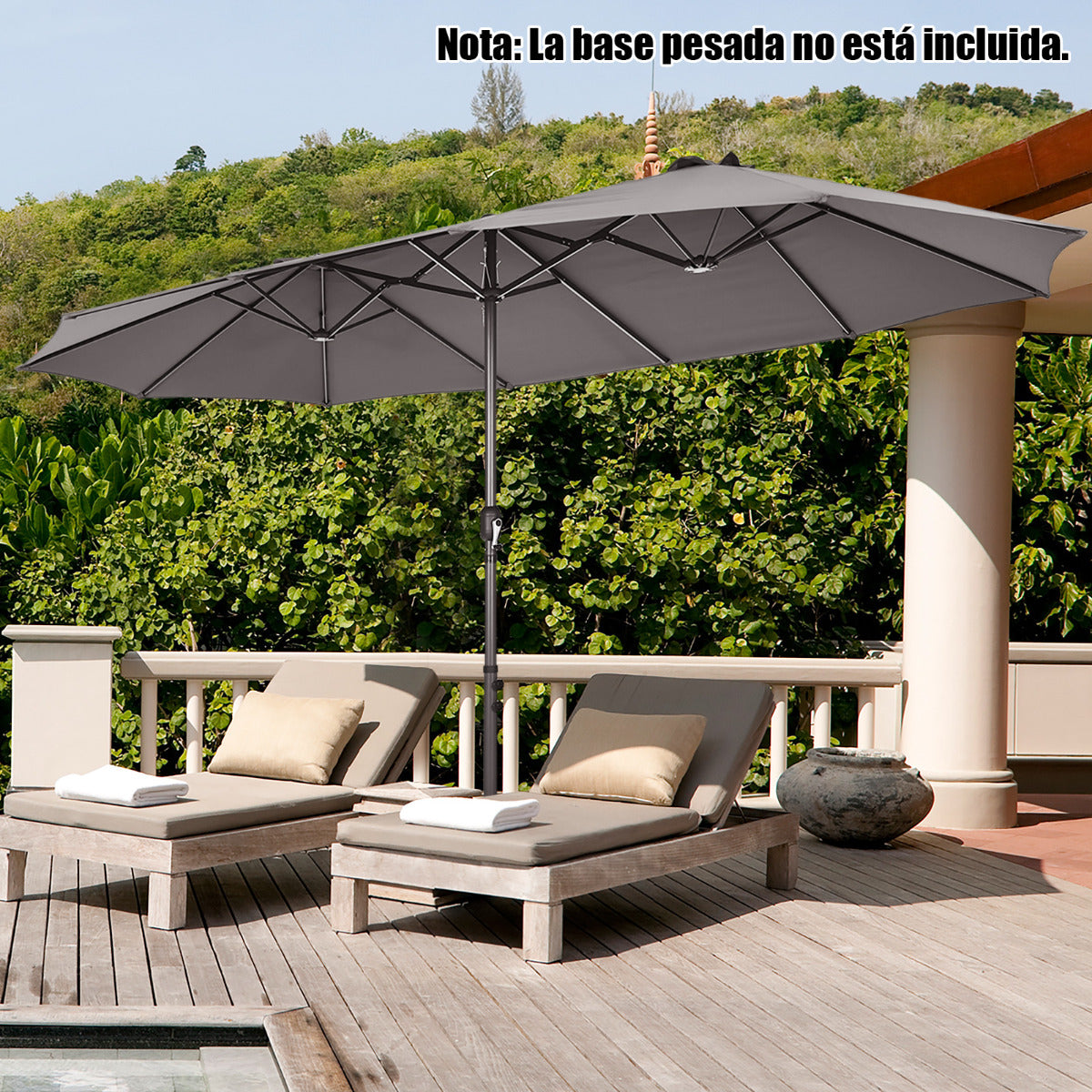Sombrilla de Playa Doble Cara 4,7 x 2,8 m Gran Parasol con Manivela sin Base Estructura de 12 Costillas para Jardín Piscina Patio Gris Oscuro