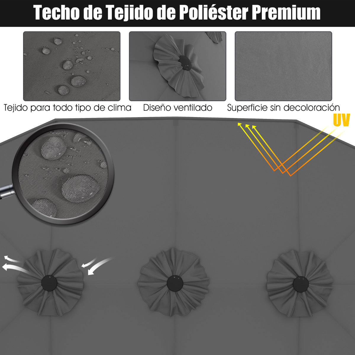 Sombrilla de Playa Doble Cara 4,7 x 2,8 m Gran Parasol con Manivela sin Base Estructura de 12 Costillas para Jardín Piscina Patio Gris Oscuro