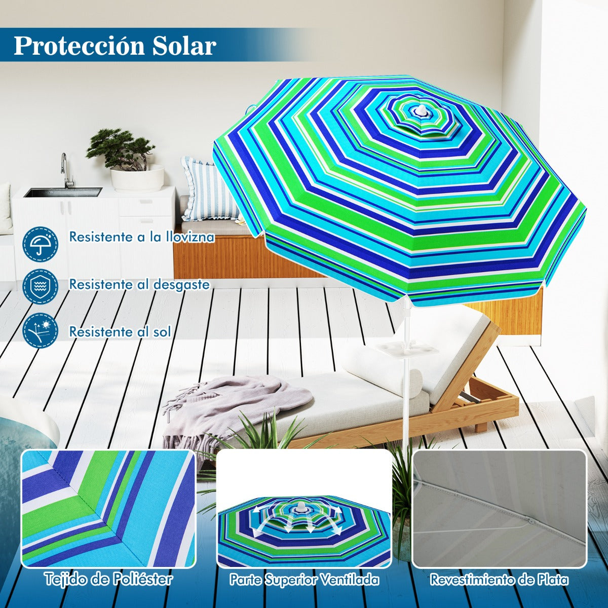 Sombrilla de Playa Parasol Inclinado Portátil con Protección Solar UPF50+ para Exterior Patio Piscina 2 x 2,2 m-Azul+Verde