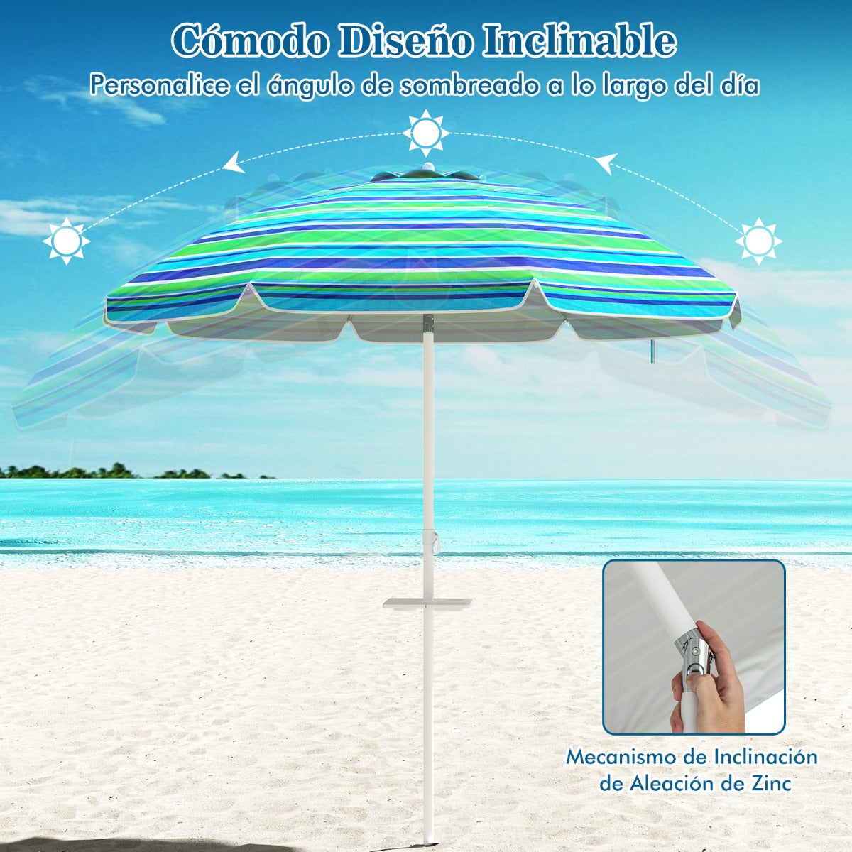 Sombrilla de Playa Parasol Inclinado Portátil con Protección Solar UPF50+ para Exterior Patio Piscina 2 x 2,2 m-Azul+Verde