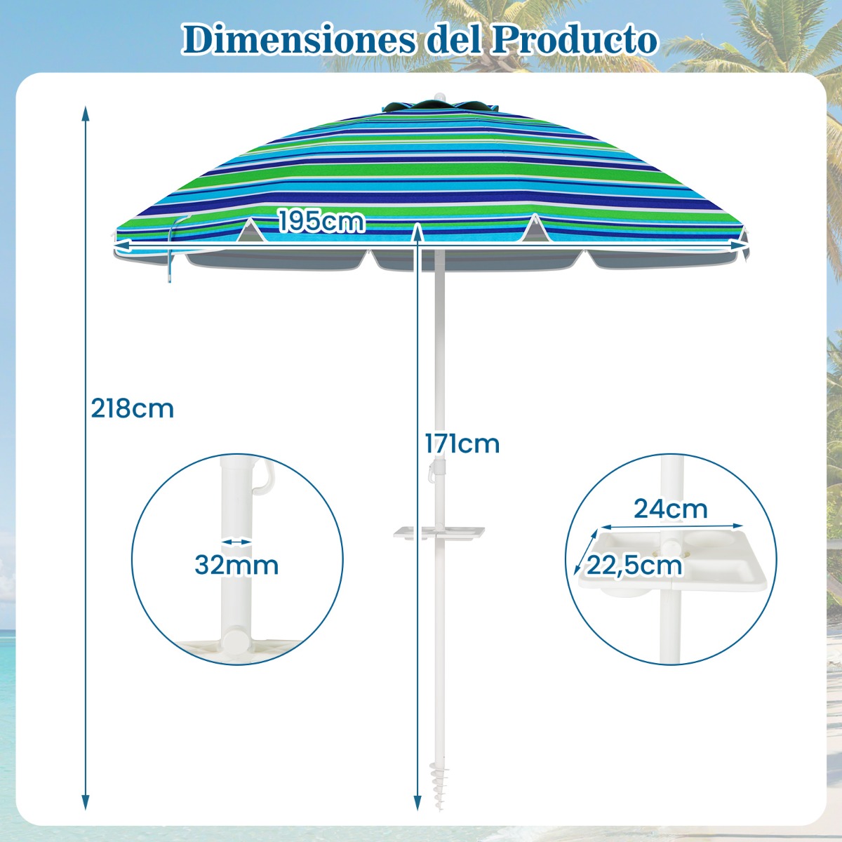 Sombrilla de Playa Parasol Inclinado Portátil con Protección Solar UPF50+ para Exterior Patio Piscina 2 x 2,2 m-Azul+Verde