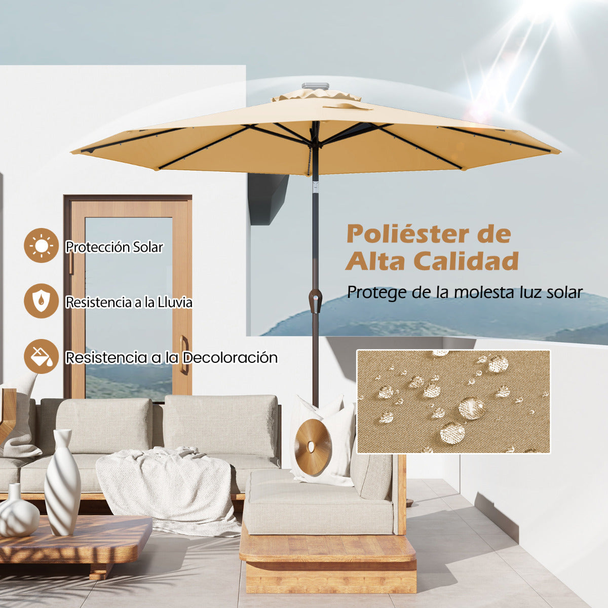 3M Solar LED Sombrilla de Playa Plegable Quitasol Parasol para Jardín Patio Balcón Beige