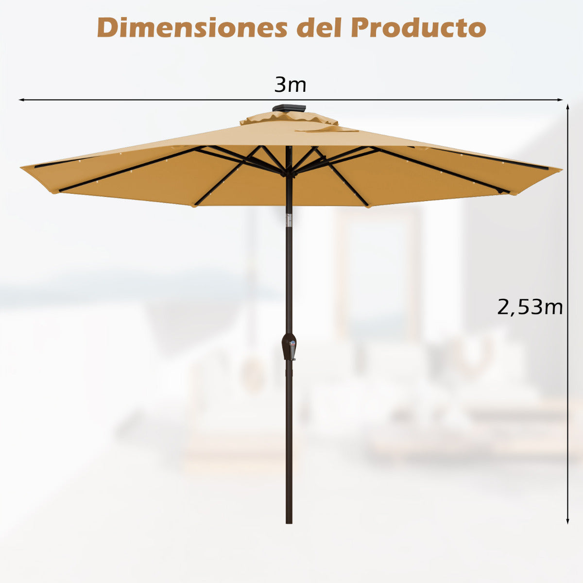 3M Solar LED Sombrilla de Playa Plegable Quitasol Parasol para Jardín Patio Balcón Beige