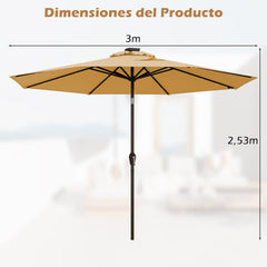 3M Solar LED Sombrilla de Playa Plegable Quitasol Parasol para Jardín Patio Balcón Beige