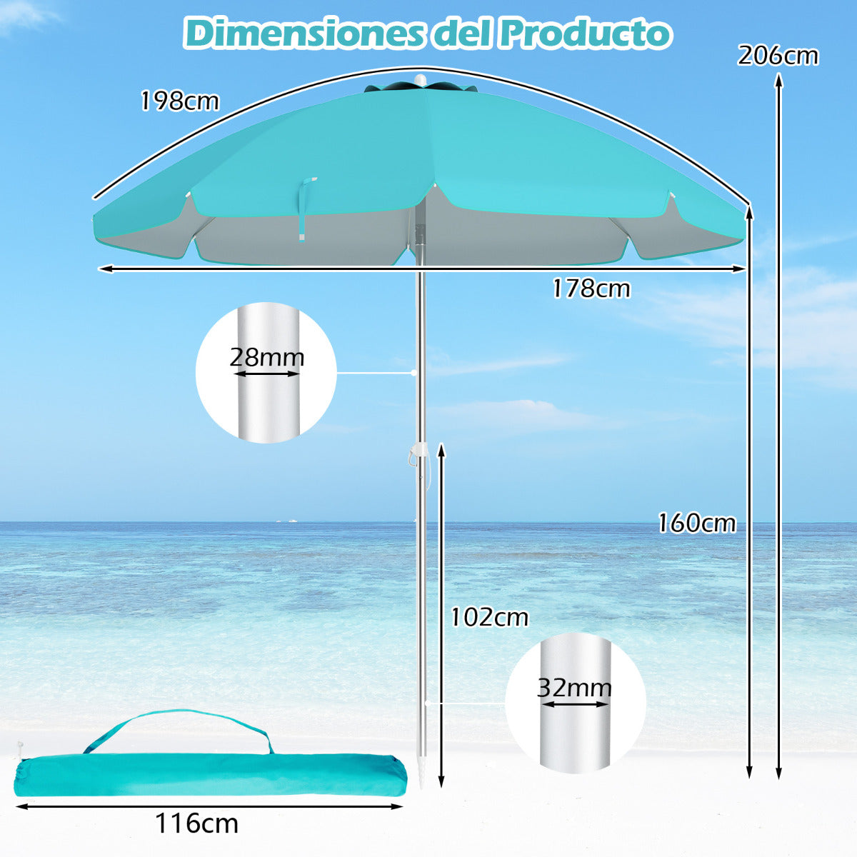 Sombrilla de Playa Portátil Inclinación Regulable con Bolsa de Transporte para Jardín Patio Exterior Azul 198 x 213 cm