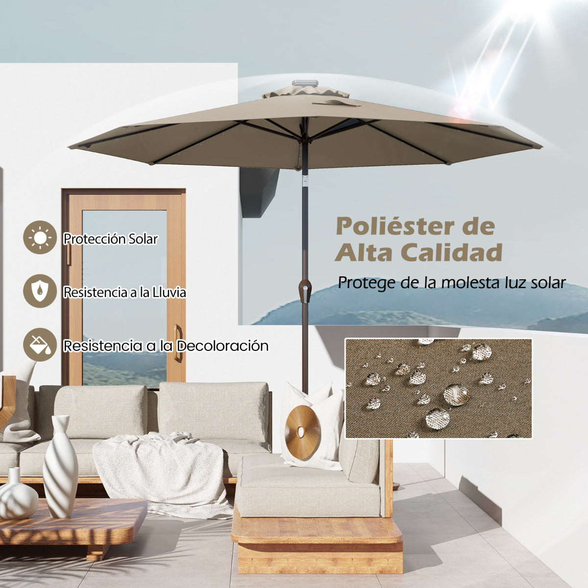 3M Solar LED Sombrilla de Playa Plegable Quitasol Parasol para Jardín Patio Balcón Moreno