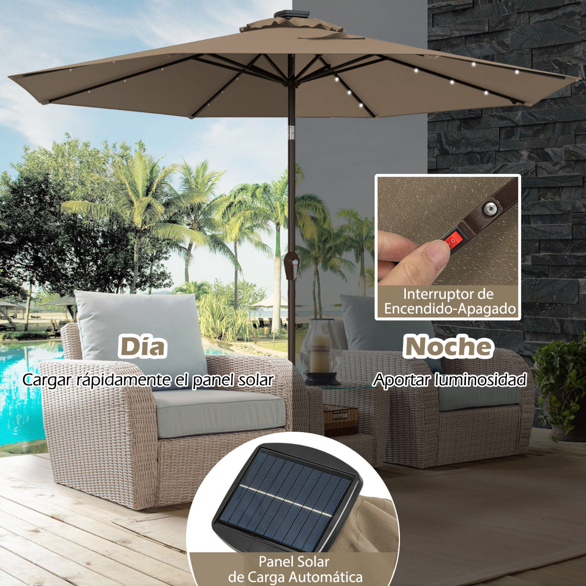 3M Solar LED Sombrilla de Playa Plegable Quitasol Parasol para Jardín Patio Balcón Moreno