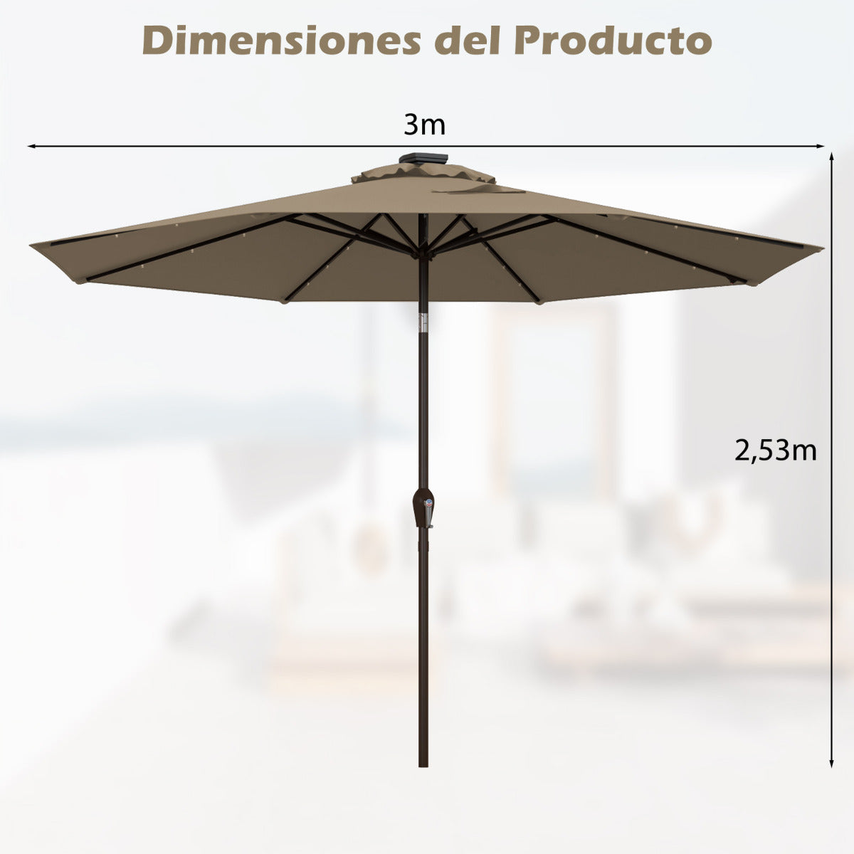 3M Solar LED Sombrilla de Playa Plegable Quitasol Parasol para Jardín Patio Balcón Moreno