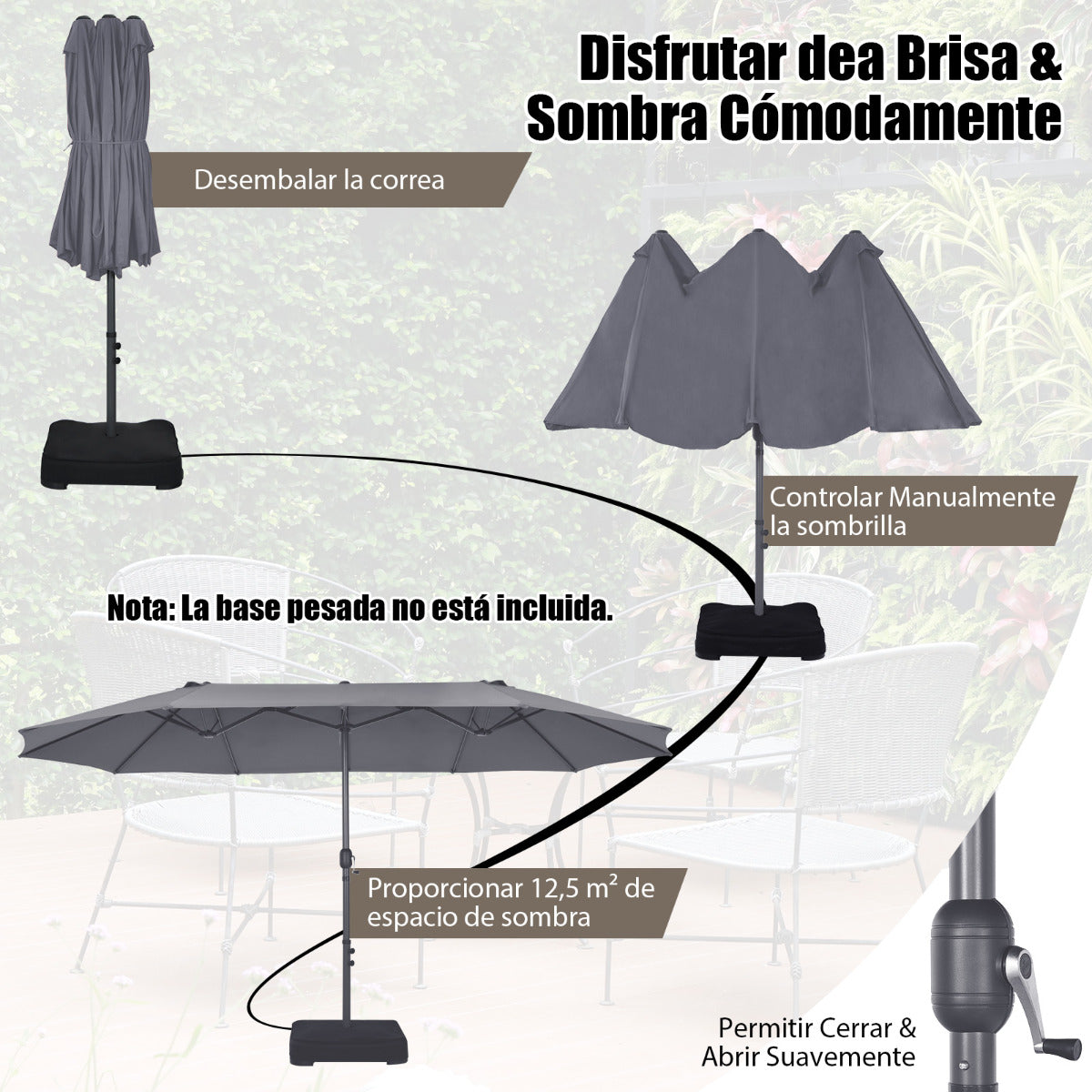 Sombrilla de Playa Doble Cara 4,7 x 2,8 m Gran Parasol con Manivela sin Base Estructura de 12 Costillas para Jardín Piscina Patio Gris