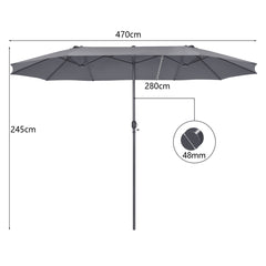 Sombrilla de Playa Doble Cara 4,7 x 2,8 m Gran Parasol con Manivela sin Base Estructura de 12 Costillas para Jardín Piscina Patio Gris