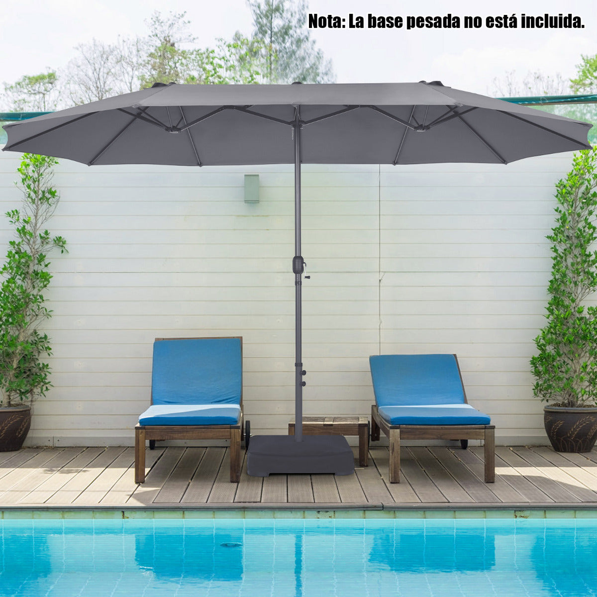Sombrilla de Playa Doble Cara 4,7 x 2,8 m Gran Parasol con Manivela sin Base Estructura de 12 Costillas para Jardín Piscina Patio Gris