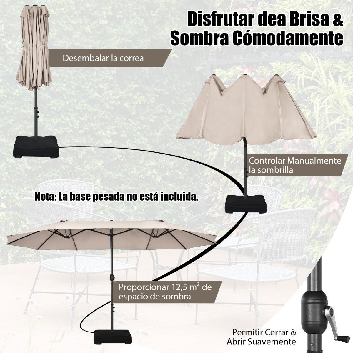 Sombrilla de Playa Doble Cara 4,7 x 2,8 m Gran Parasol con Manivela sin Base Estructura de 12 Costillas para Jardín Piscina Patio Beige