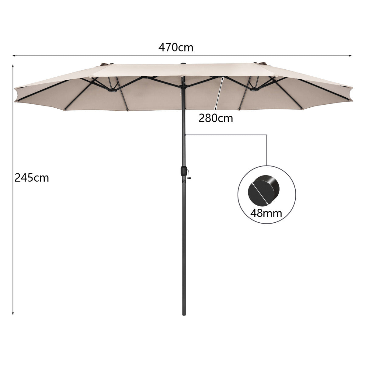 Sombrilla de Playa Doble Cara 4,7 x 2,8 m Gran Parasol con Manivela sin Base Estructura de 12 Costillas para Jardín Piscina Patio Beige